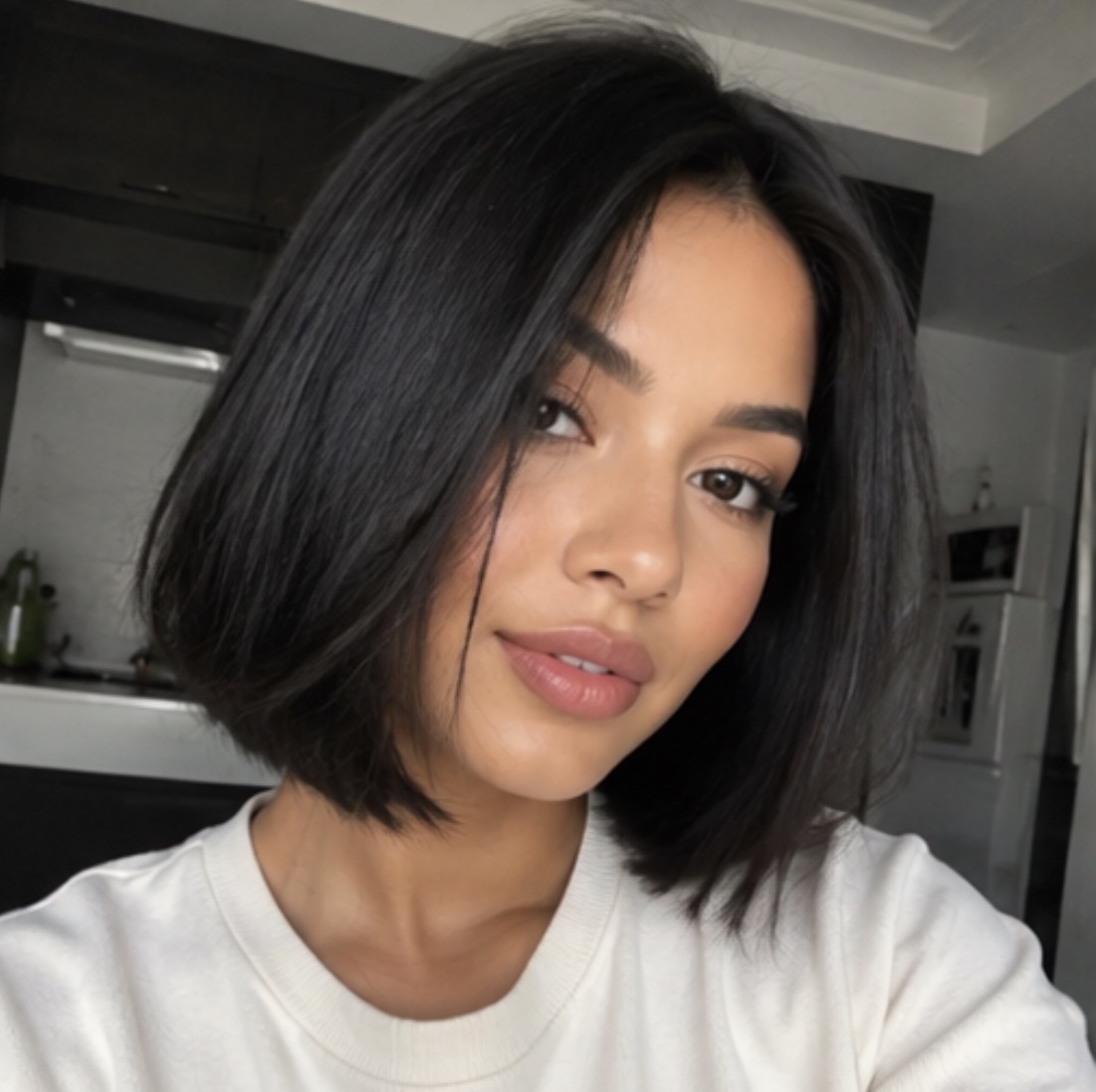 Sleek black blunt bob with soft texture