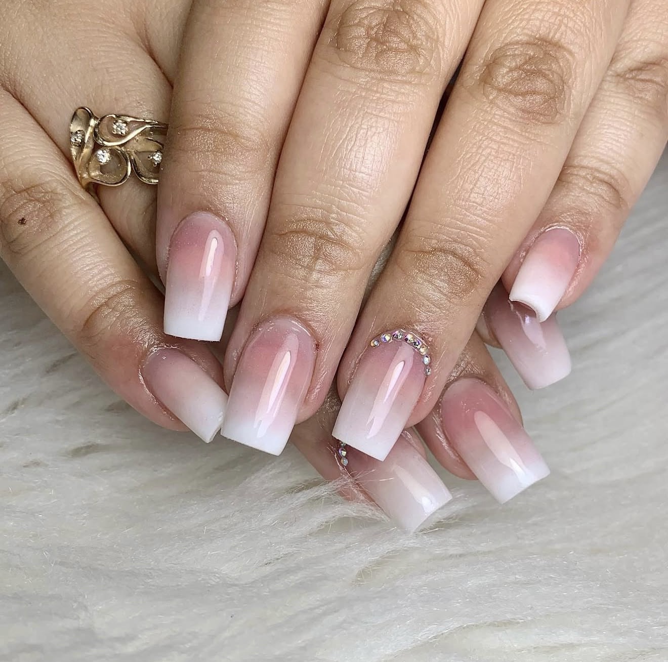 Baby boomer ombré coffin nails with crystal accents