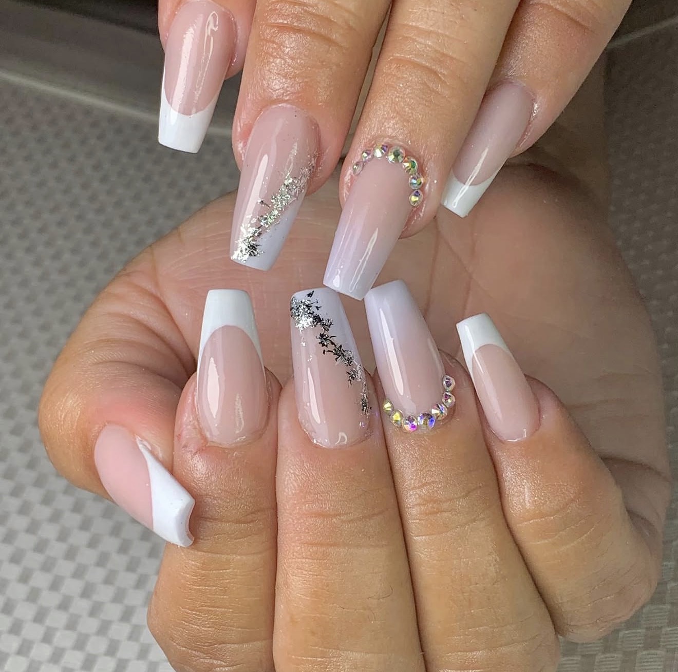 French coffin nails with silver foil and crystal accents