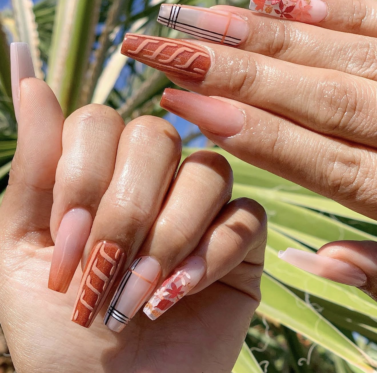 Autumn terracotta coffin nails with plaid and leaf art