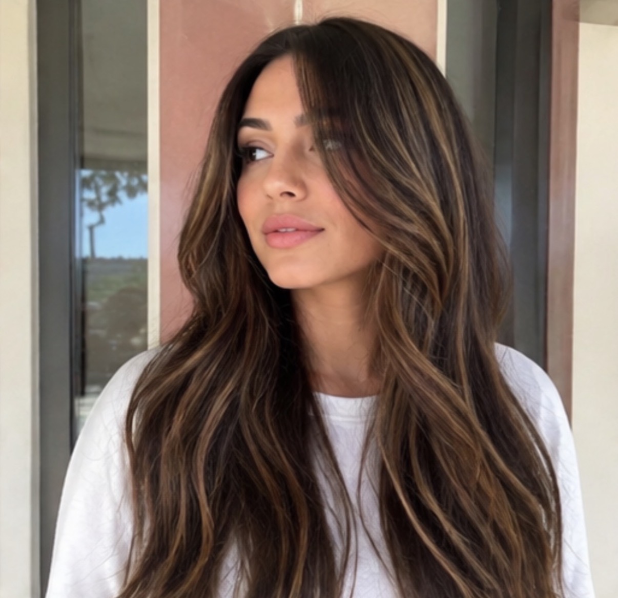 Long brunette hair with caramel balayage and soft waves