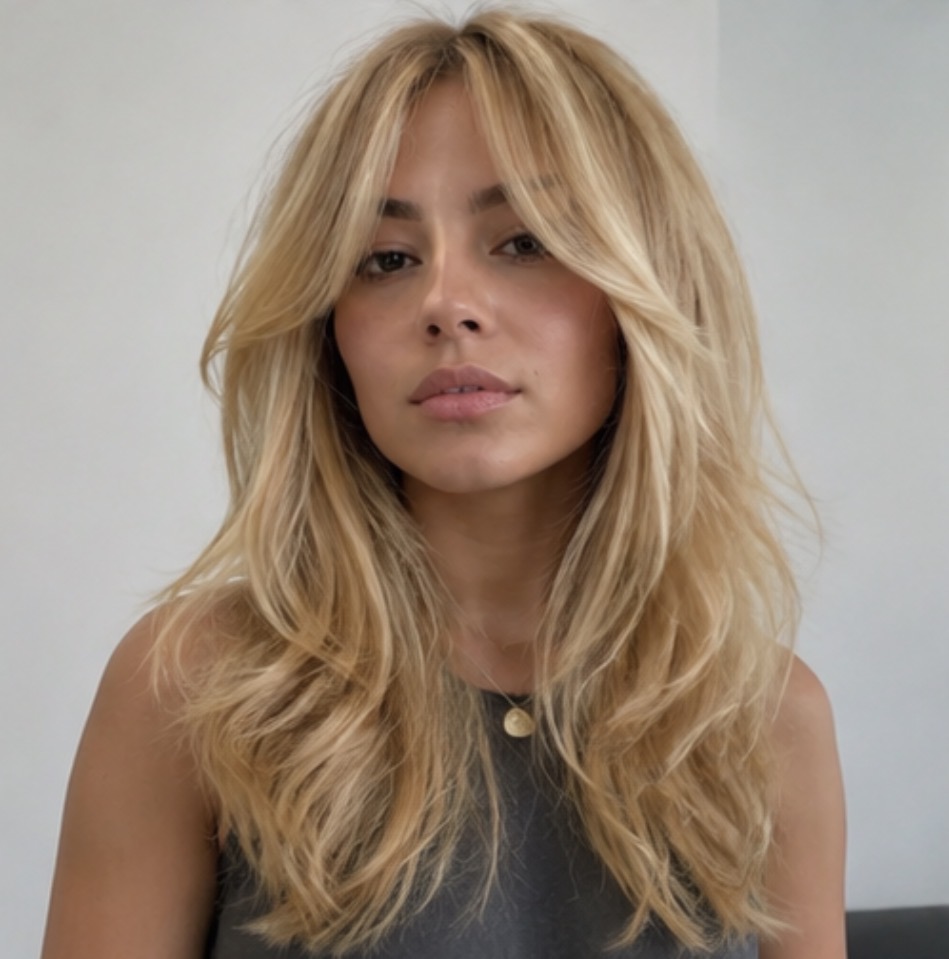 Golden blonde shag with curtain bangs
