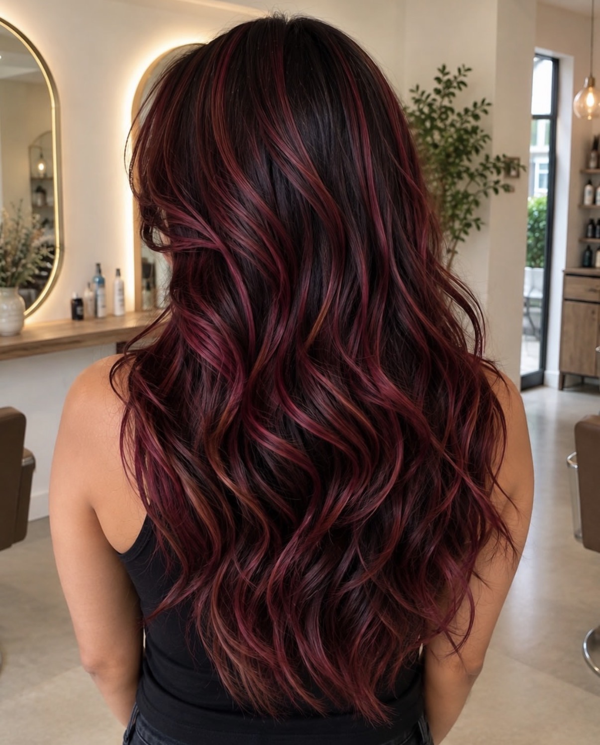 Dark hair with rich burgundy red highlights and loose waves