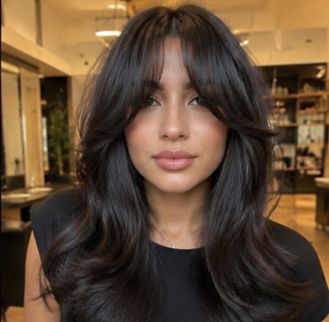 Black layered shag cut with curtain bangs and bouncy blowout