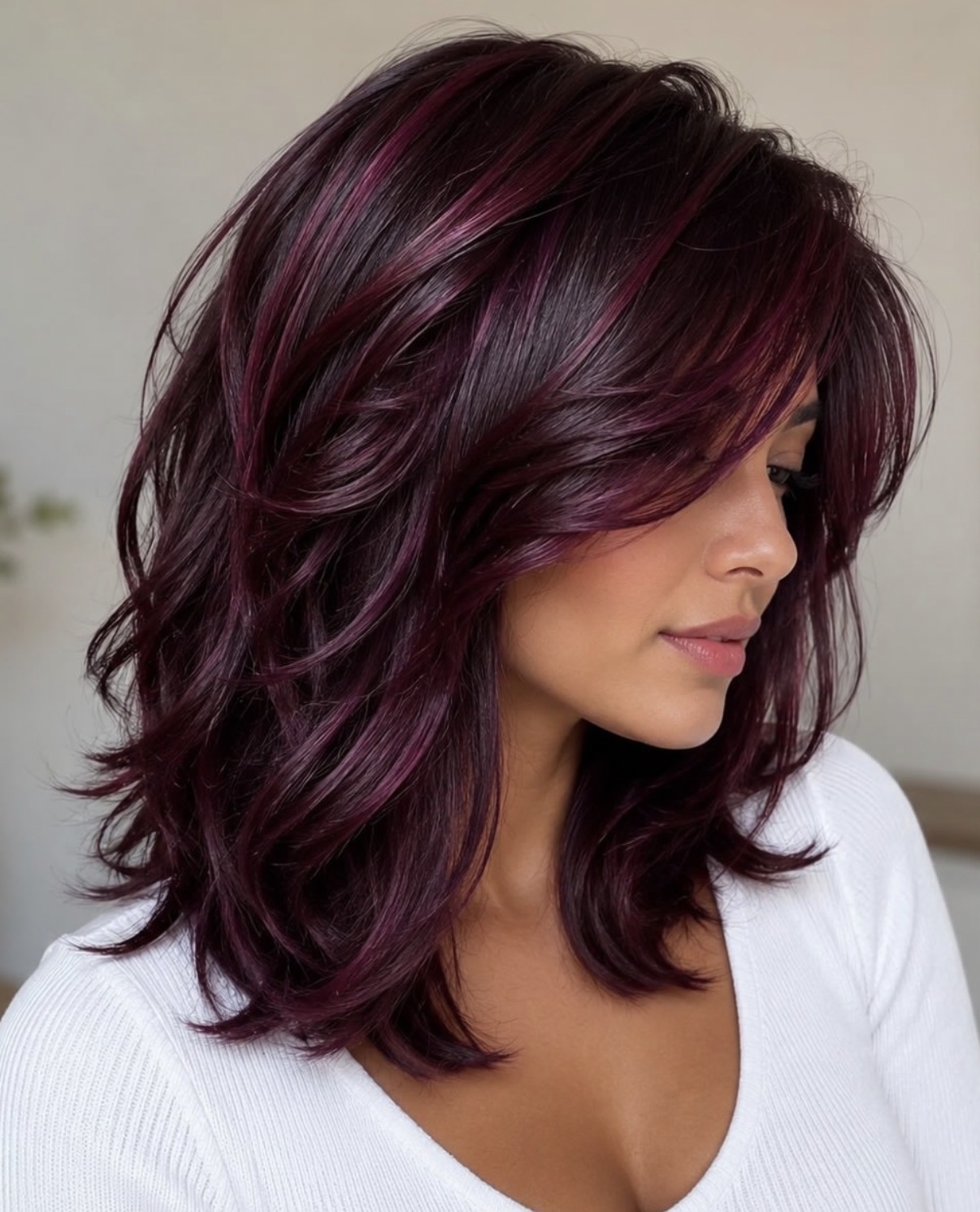 Shoulder-length burgundy waves with dimensional shine