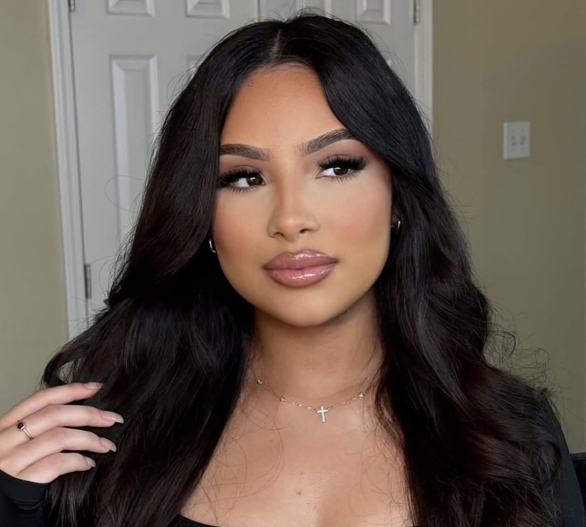 Jet black glam waves with center part