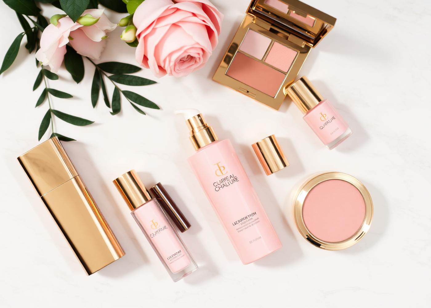 Blush and gold beauty product flat lay